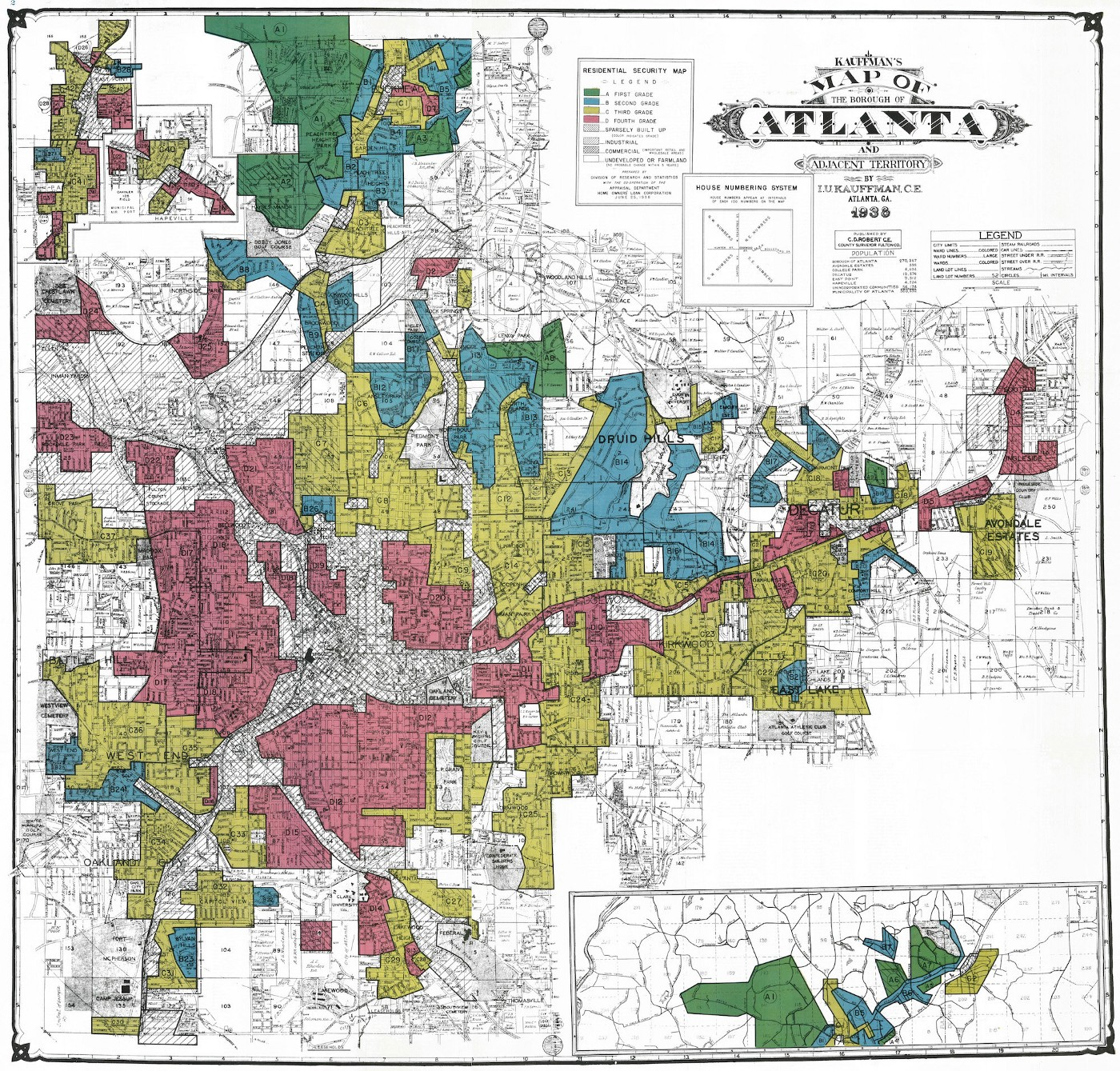 1938 Map of Atlanta uses colors as grades for neighborhoods. The red swaths identify each area with large African-American populations that were deemed “less safe.”