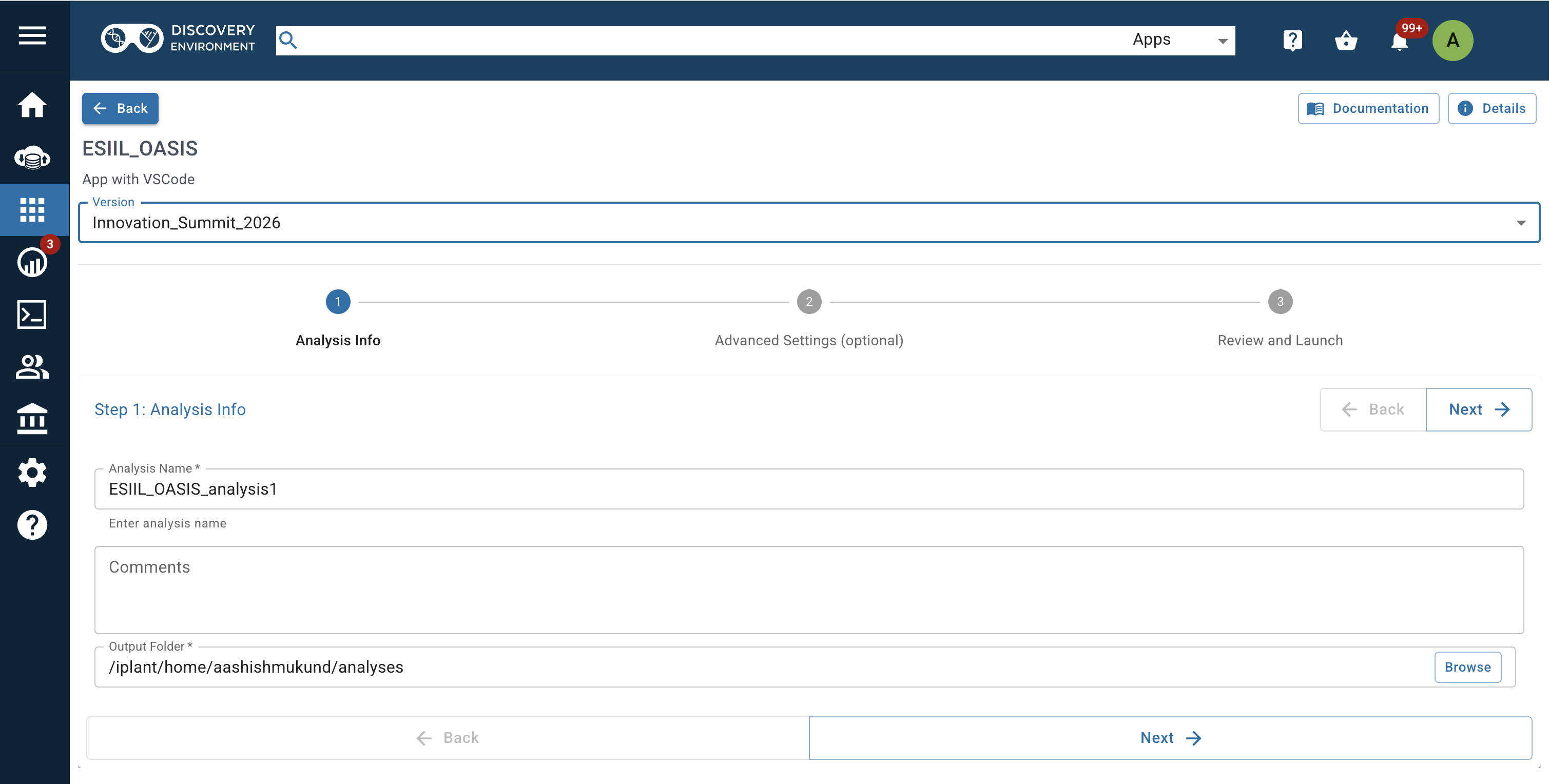 Screenshot showing the ESIIL_OASIS launch page with Version 4.5 selected.