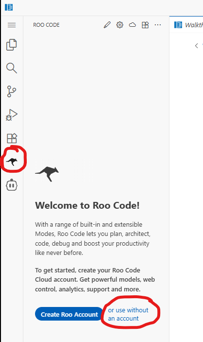 Screenshot showing Roo in the VS Code sidebar with the use without an account option.