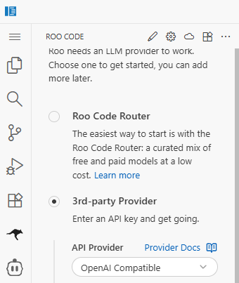 Screenshot showing Roo configured with 3rd-party Provider and OpenAI Compatible selected.