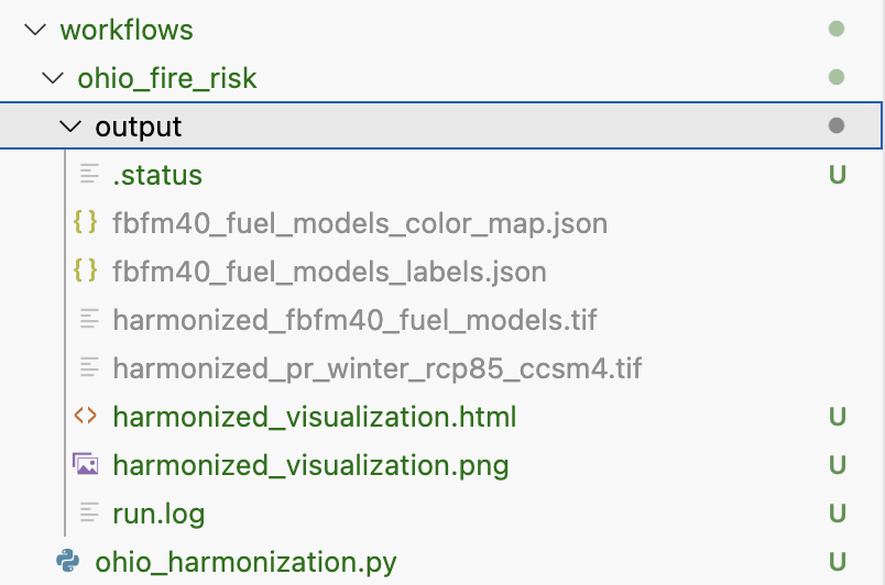 Screenshot showing an example workflow output folder with processed files, a PNG visualization, and an interactive HTML map.