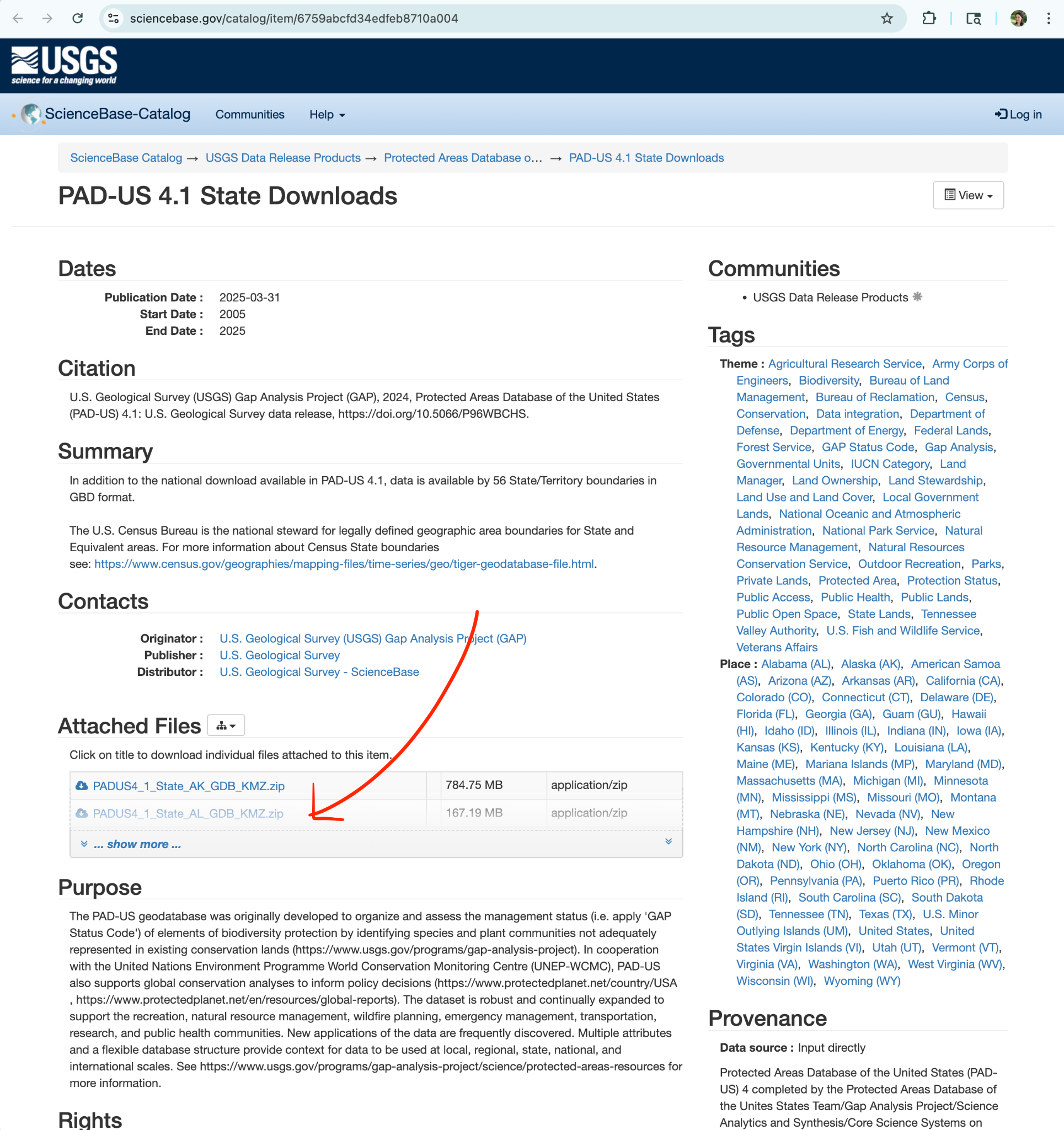 Screenshot showing the USGS ScienceBase PAD-US 4.1 State Downloads page with the attached files area visible.