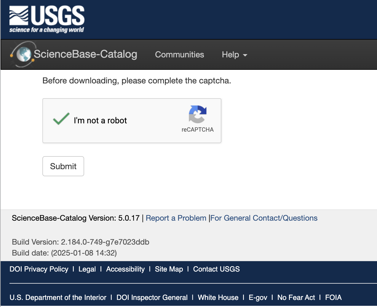 Screenshot showing the ScienceBase captcha page before downloading the file.