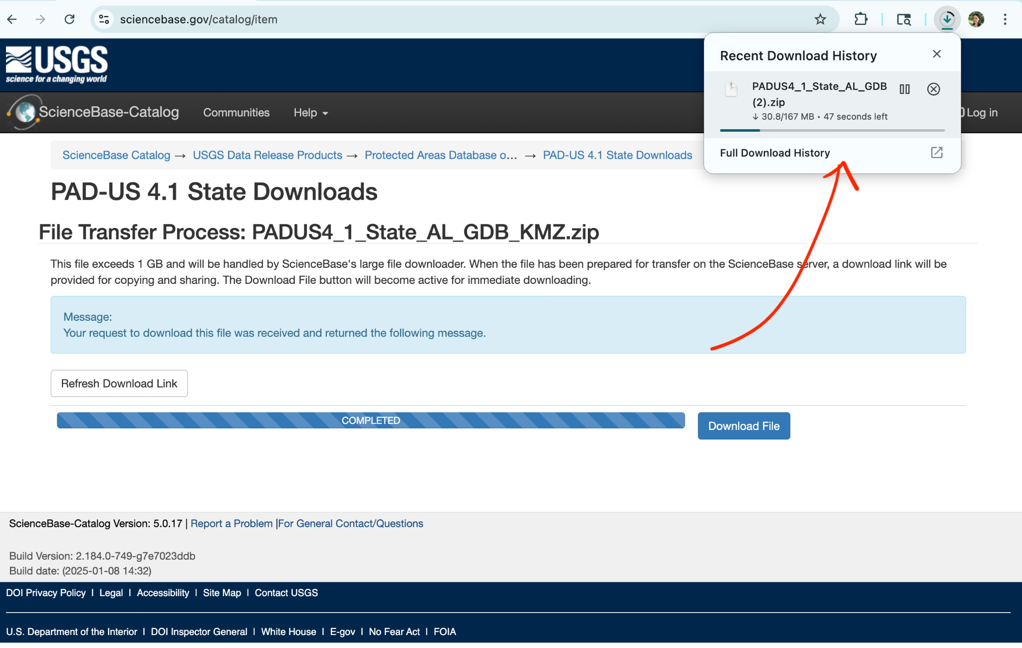Screenshot showing the browser download popup with Full Download History.