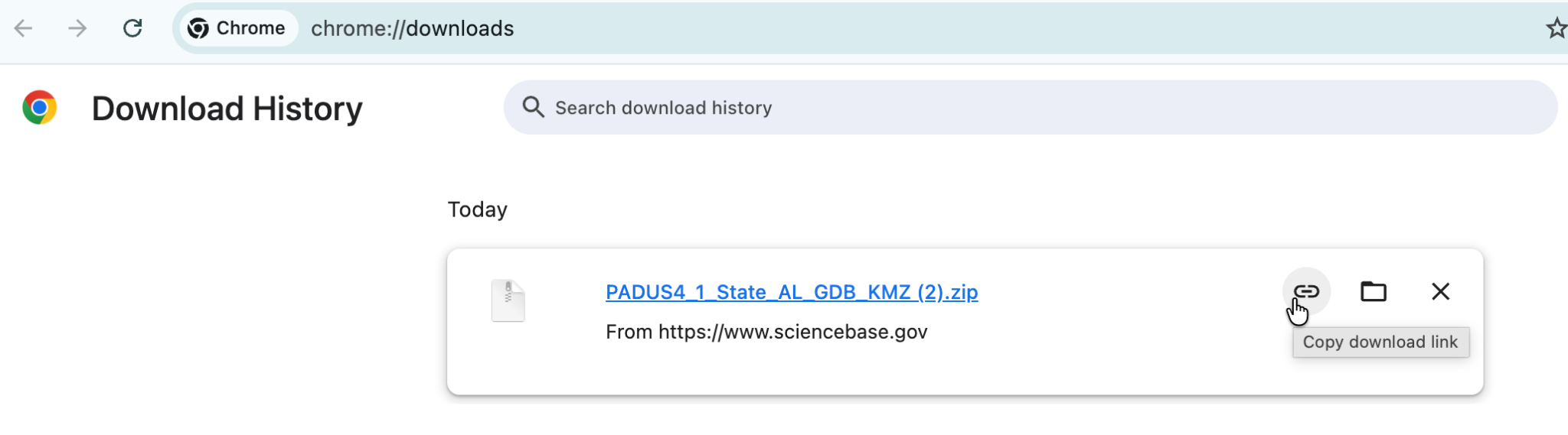 Screenshot showing the browser download history page with the copy download link button.