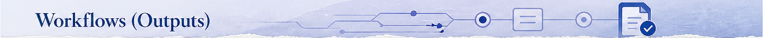 Workflows outputs banner with connected workflow nodes and checked document icon.