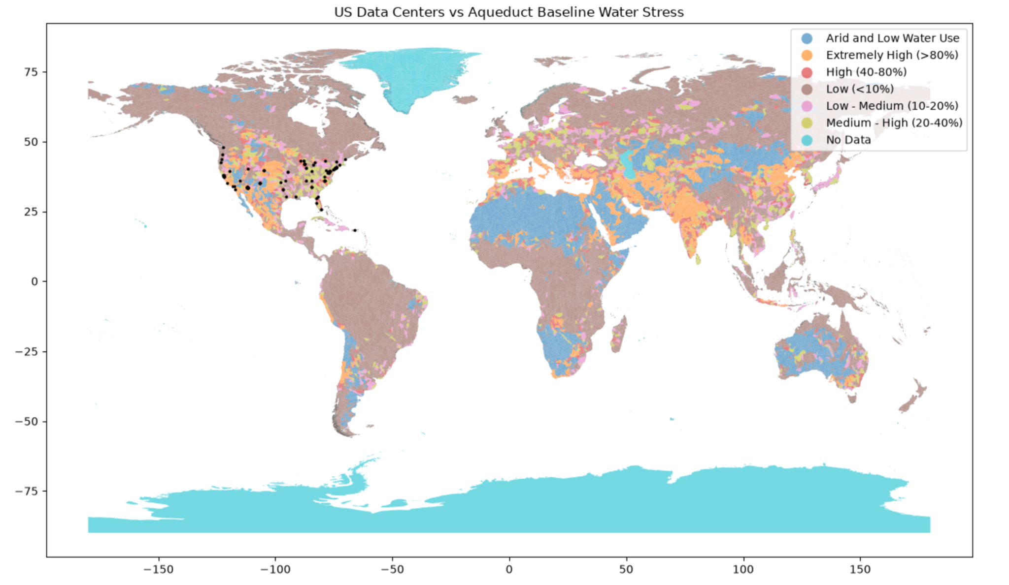 Team map comparing U.S. data center locations with Aqueduct baseline water stress
