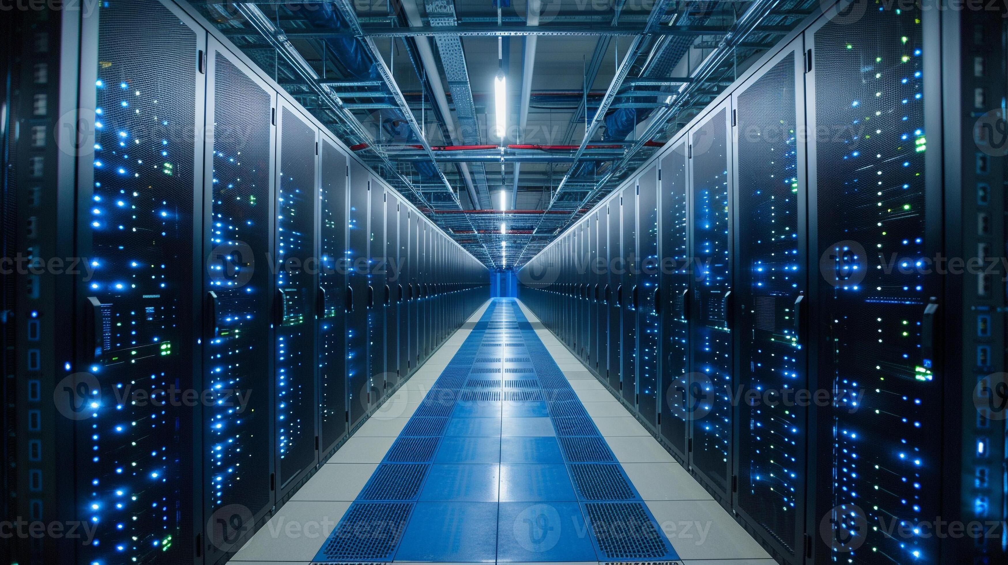 Rows of illuminated server racks inside a data center