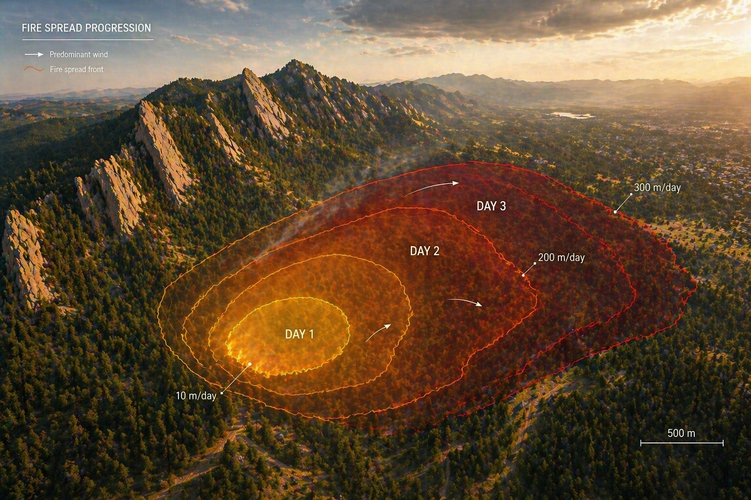 Fire spread progression over a mountain landscape