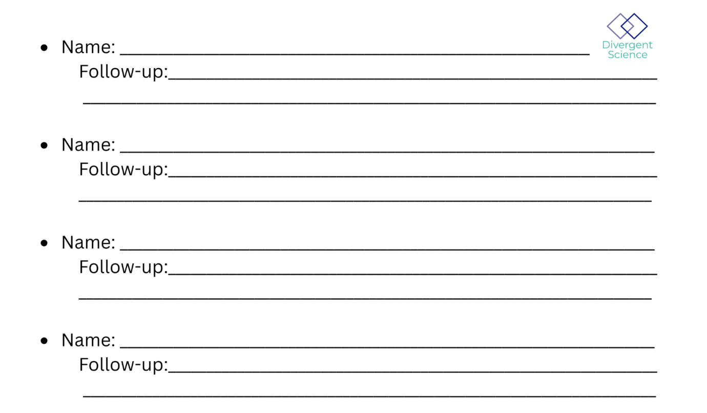 Follow-up notes card with space for names and follow-up ideas