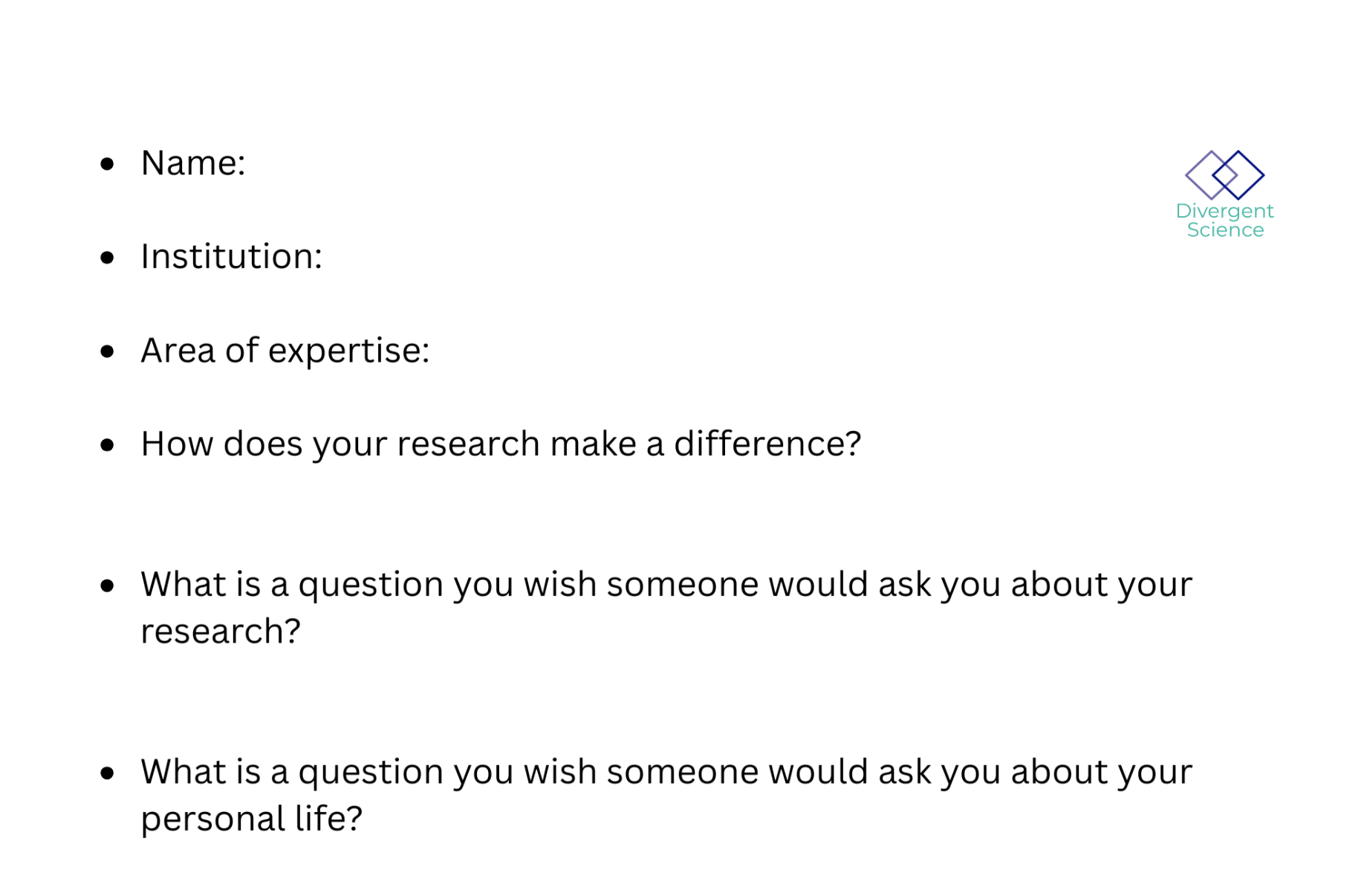 Name card prompts for name, institution, area of expertise, research difference, and questions