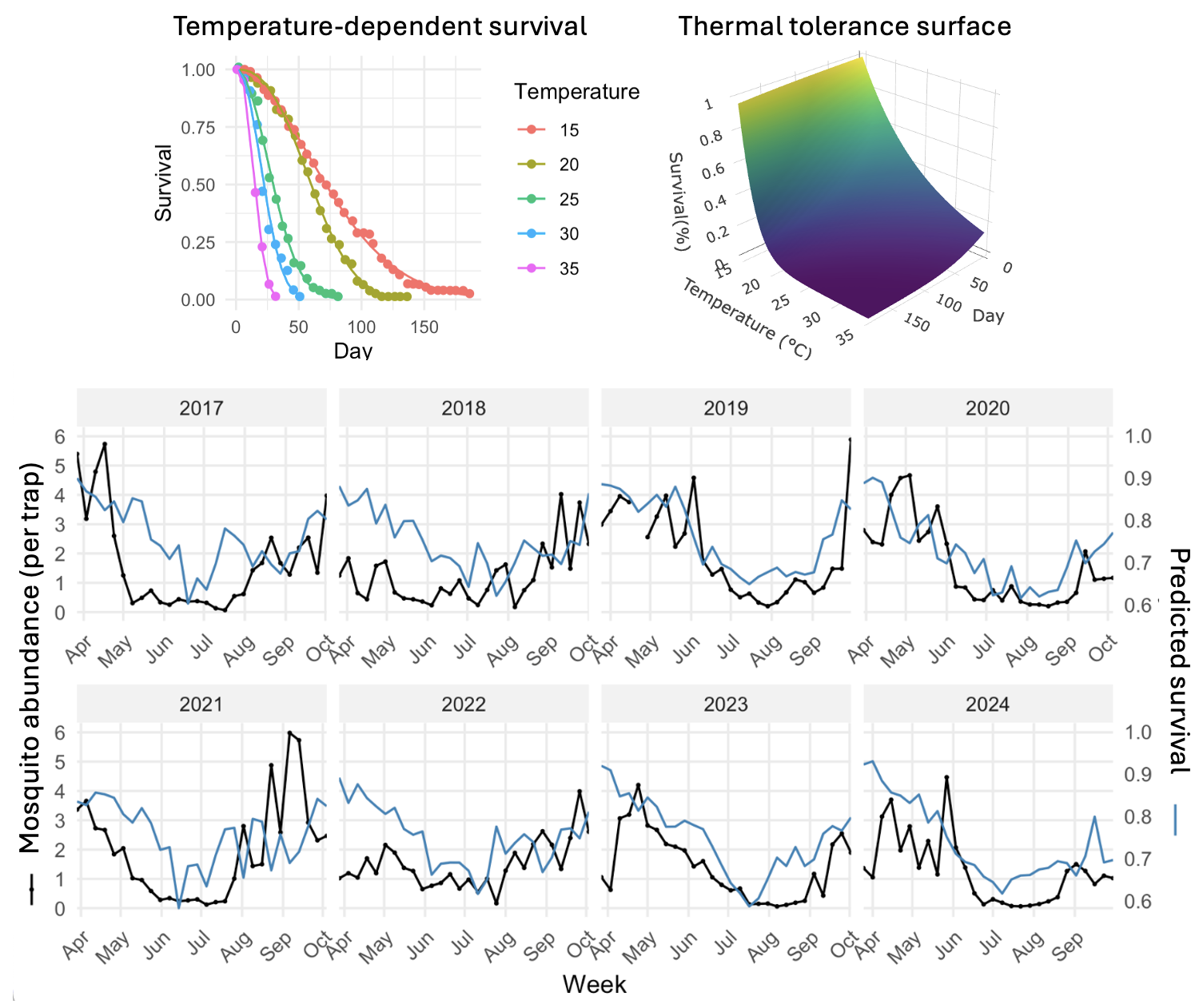 Thermal tolerance workflow for *Culex tarsalis*: temperature-dependent survival (A) fit to a thermal tolerance surface (B), then combined with temperature records to hindcast weekly survival and validate against observed abundance (C)