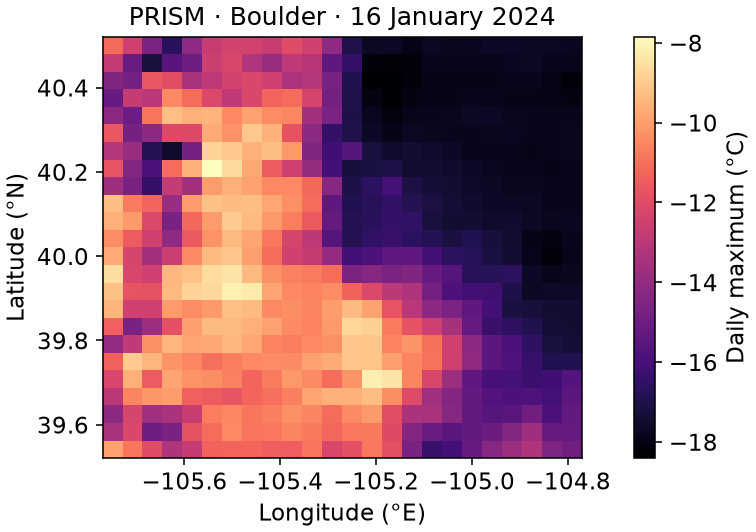 Real PRISM daily maximum temperature, Boulder region, 16 January 2024. Selecting a date exposes one spatial face of the cube; north is up.