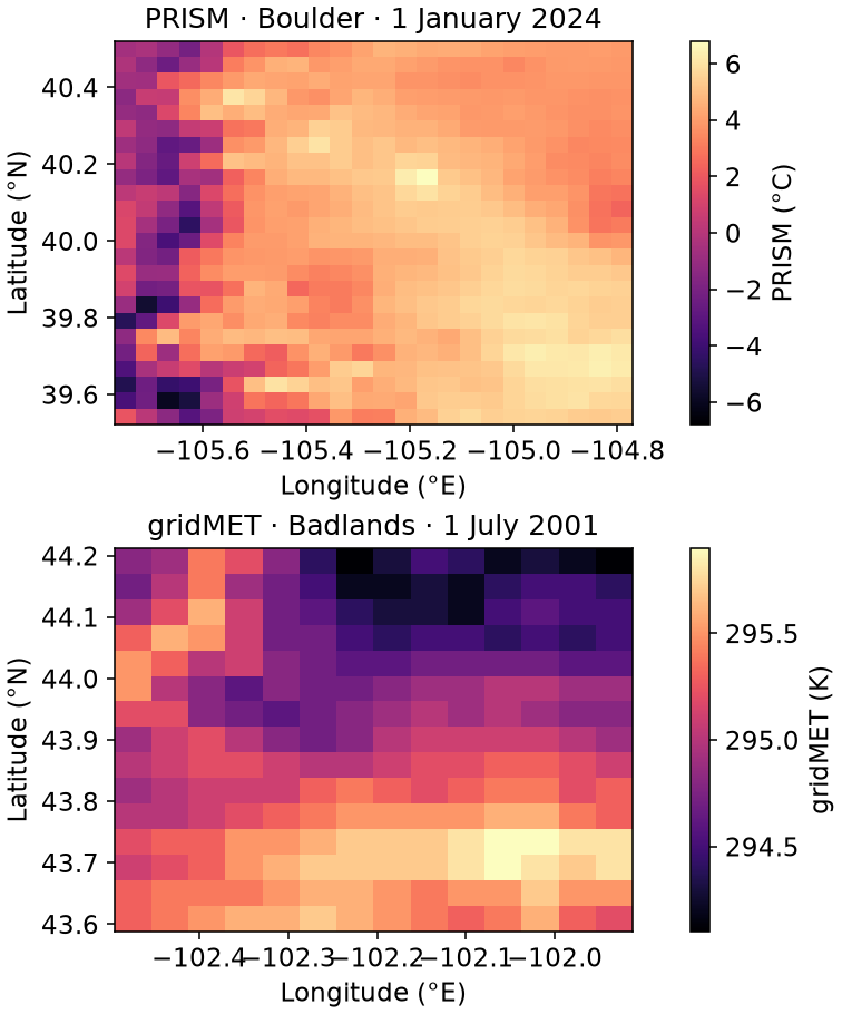 Two real, source-QA fixtures in their native temperature units and geographic grids. Their places and dates differ; each panel has its own color scale. This is a support check, not evidence of source bias or agreement.